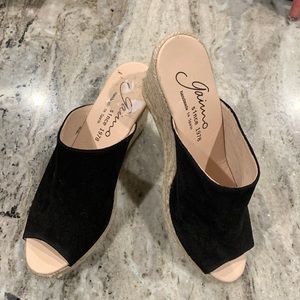 Black suede peep toe wedges
